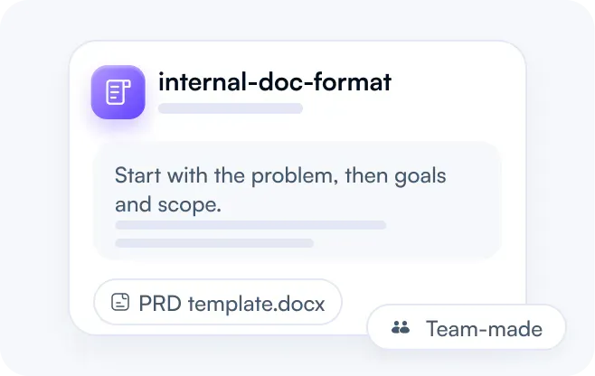 The team skill internal-doc-format: its instruction to start with the problem, then goals and scope, the PRD template.docx attached, marked Team-made