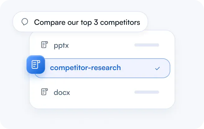The request to compare the top three competitors, with competitor-research picked from the list of skills between pptx and docx