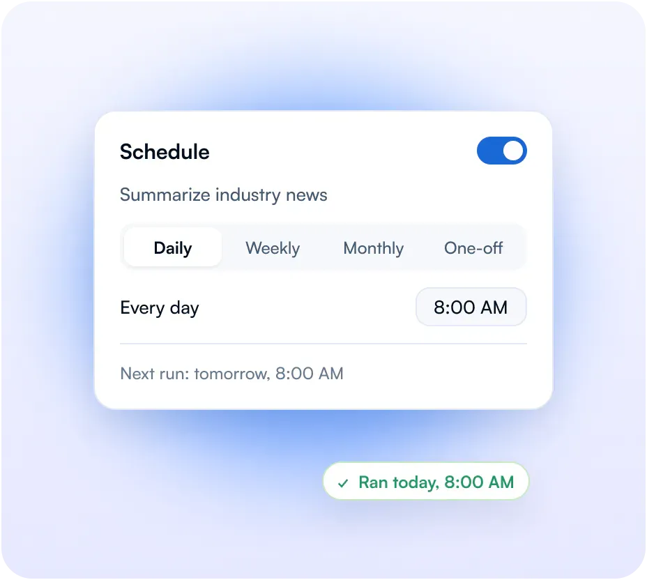 Market Research Agent's schedule: daily, weekly, monthly or a one-off run at a set time
