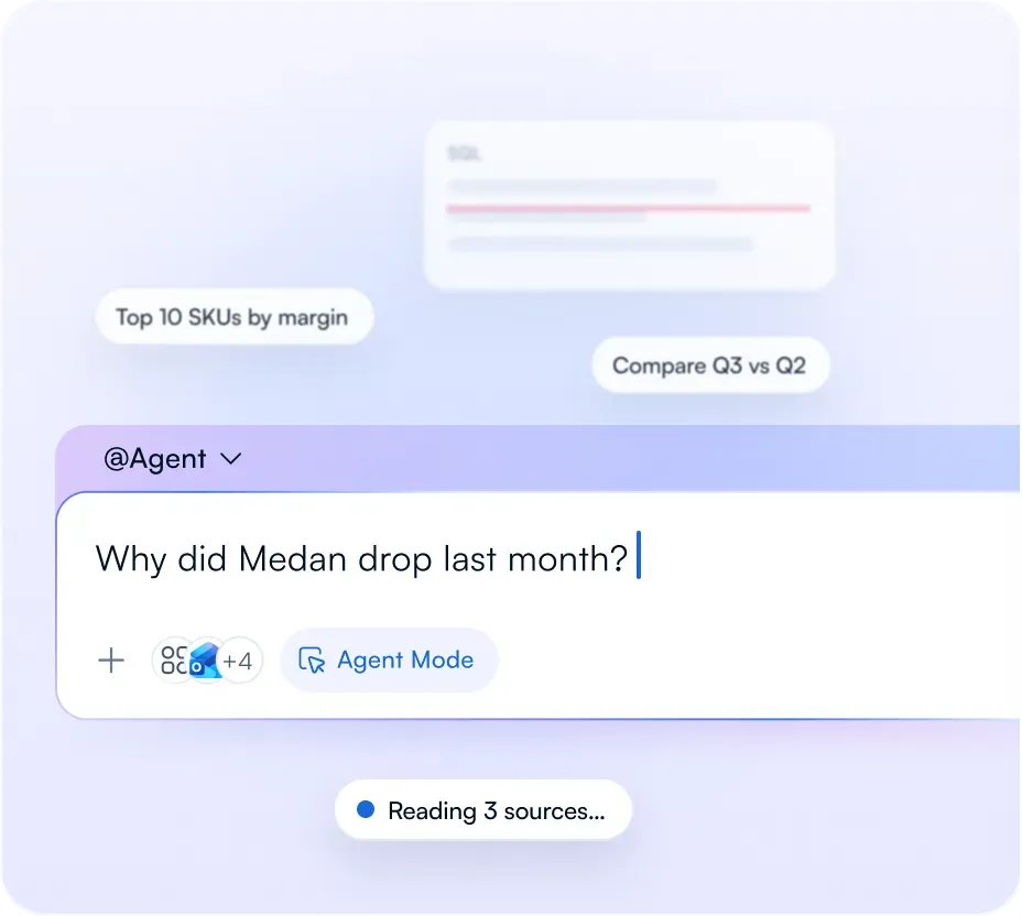 The edic chat box with the question “Why did Medan drop last month?” while it reads 3 sources